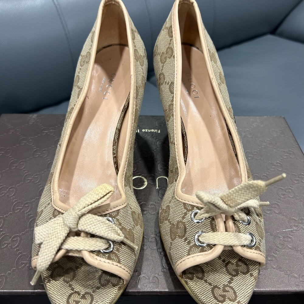 Gucci Beige Canvas Lace-Up Heels